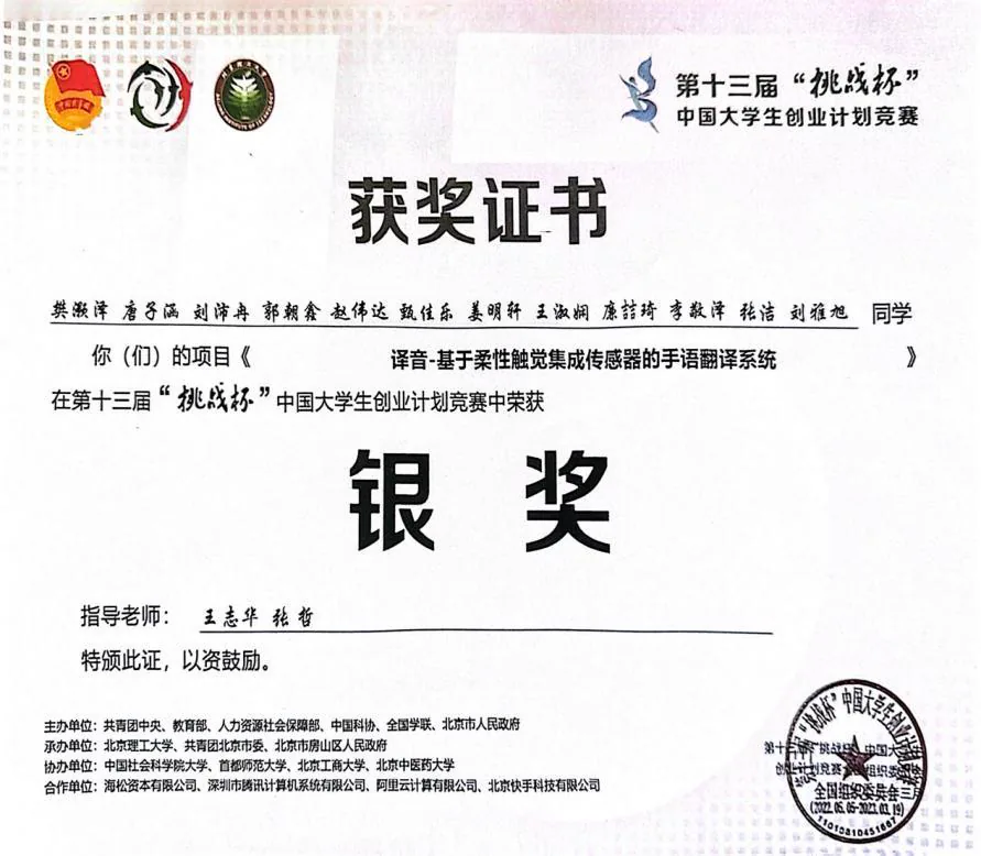 挑战杯中国大学生创业计划竞赛国家银奖证书